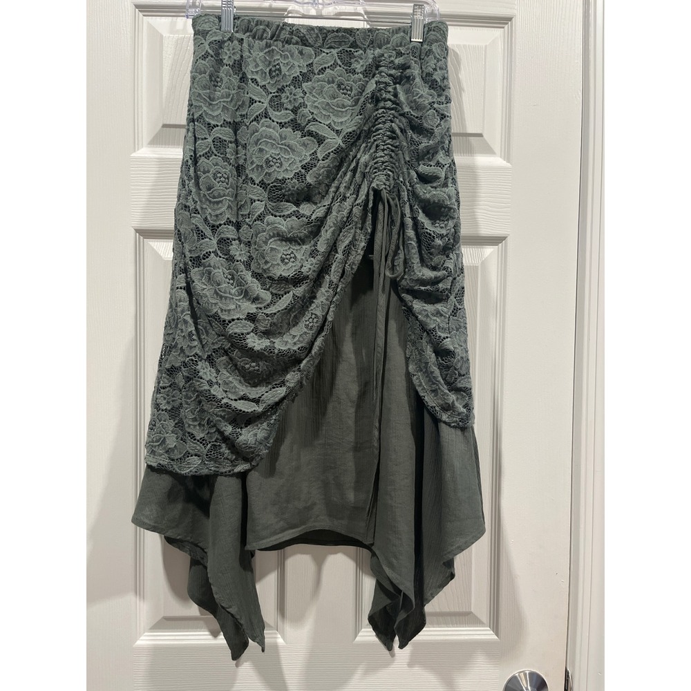Thorn & Fable Sage Green Lace Ruched Handkerchief Hem Midi Skirt Medium